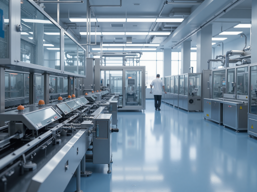 Modern battery factory interior with multiple automated production lines running, workers monitoring equipment status, bright and clean workshop