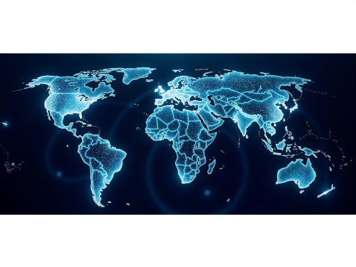 World map background with markers in multiple countries symbolizing global business distribution, blue theme colors